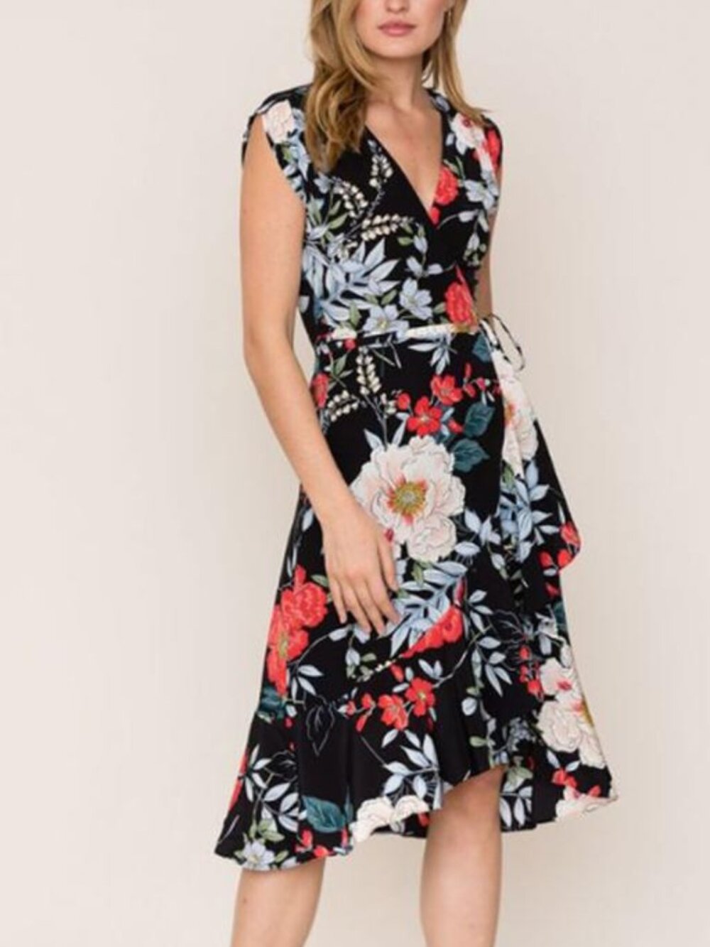 Yumi Kim Cap Sleeve V-Neck Floral Silk Wrap Dress Size M